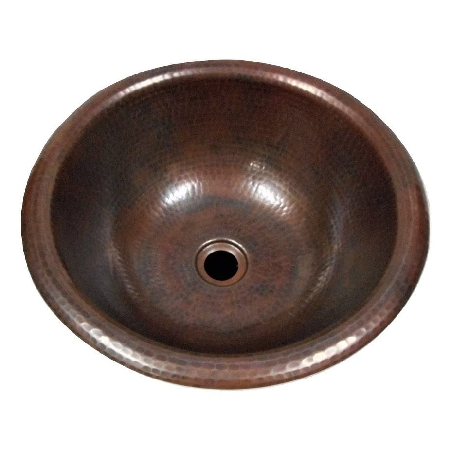 14" Round Copper Bathroom Sink Rustic Hammering In Aged X 5" Brown Antique - Diamond Home USA