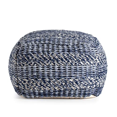 Navy Stripes 22" X 16" Ivory Square Pouf Ottoman Blue Bohemian Eclectic Modern