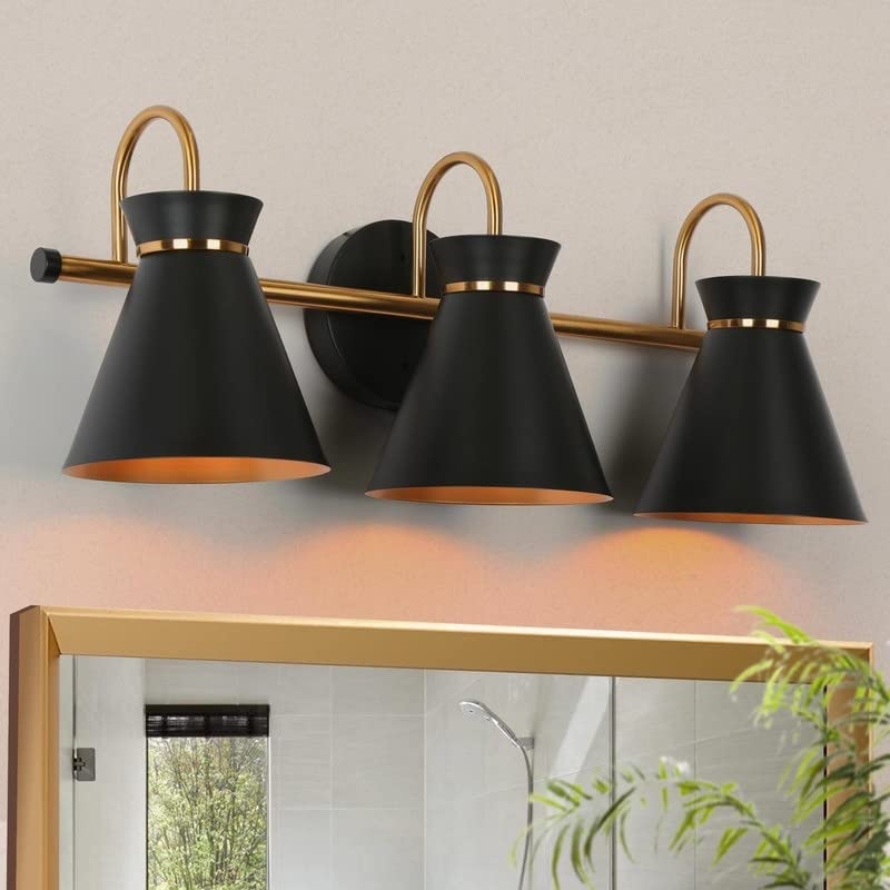 Modern 3-Light Linear Black Gold Bathroom Vanity Light Industrial Metal Wall