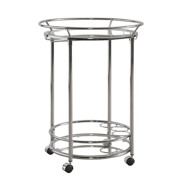 Inspire Q Metropolitan Round Chrome Metal Glass Top Bar Cart by Bold