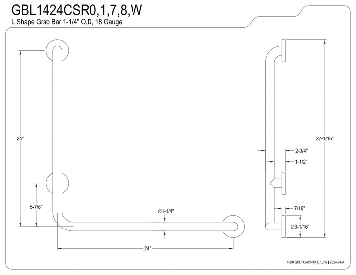 Kingston Brass Made To Match 24-Inchx 24-Inch L-Shaped Grab Bar - Right Hand