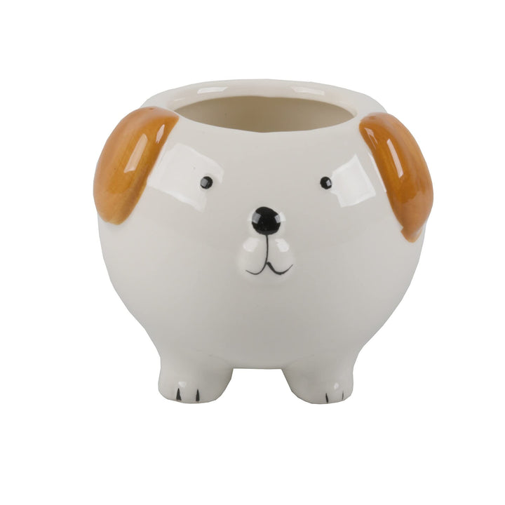 4" Brown Dog Ceramic Empty Planter White Classic Handmade