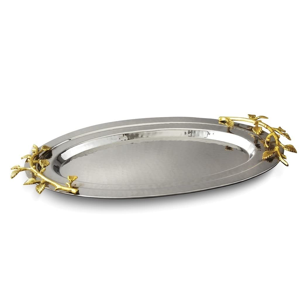 Hammered Stainless Steel with Golden Vine Handles Oval Tray Gold Traditional