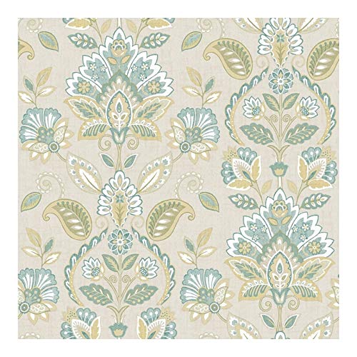 Teal Floral Damask Wallpaper 20.5 X Blue Traditional Wildlife Washable