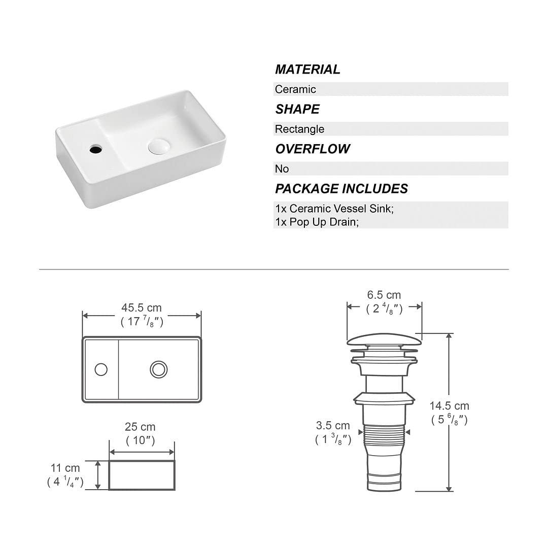 Small Wall-Mounted Bathroom Sink with Pop-up Drain 17.9" X 9.8" 4.3" White