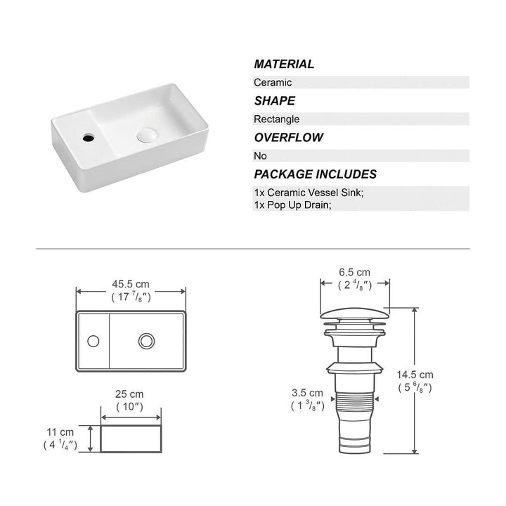 Small Wall-Mounted Bathroom Sink with Pop-up Drain 17.9" X 9.8" 4.3" White