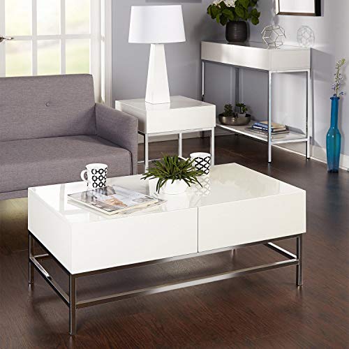 White Metal High-Gloss End Table Modern Contemporary quare MDF Glossy Drawers