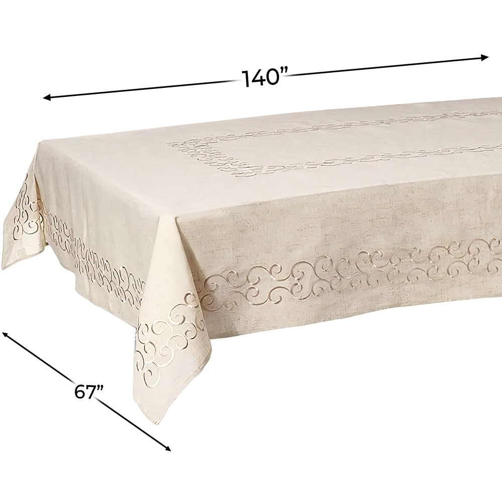 Embroidered Swirl Design Linen Blend Tablecloth