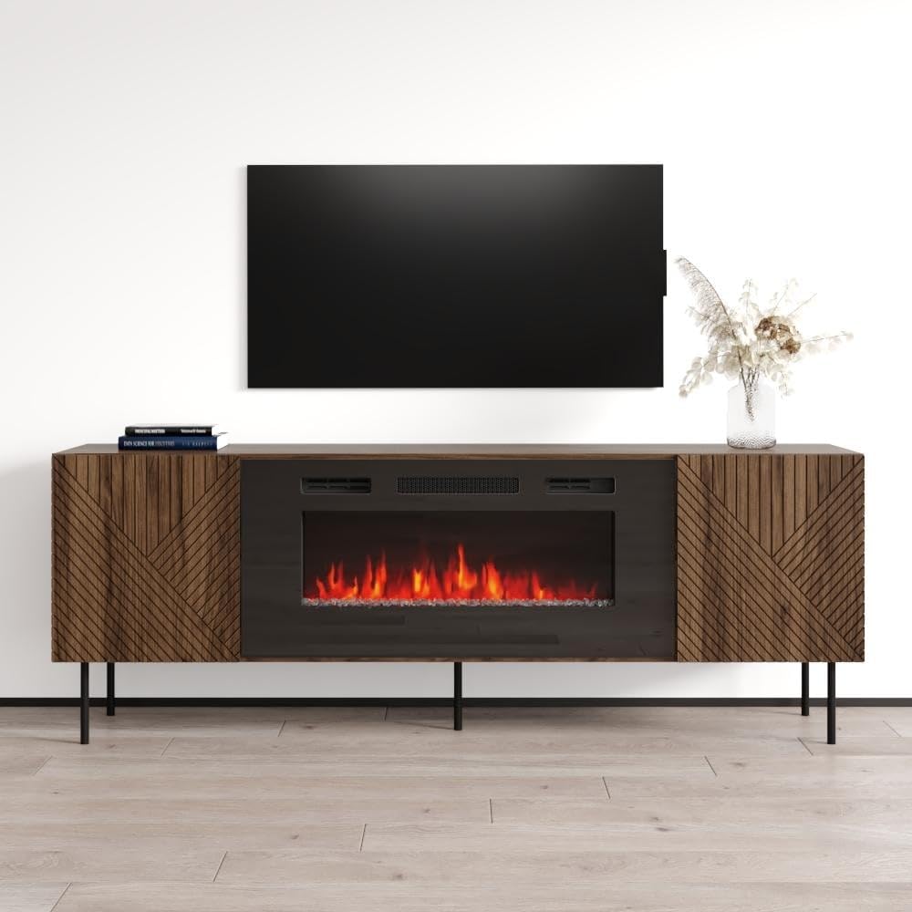 Art Fireplace Tv Stand Brown Mid-Century Modern Contemporary MDF Matte