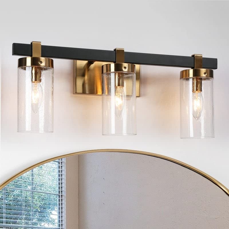 3-light Black Gold Modern Bathroom Vanity Lights with Cylinder Glass 20" L X