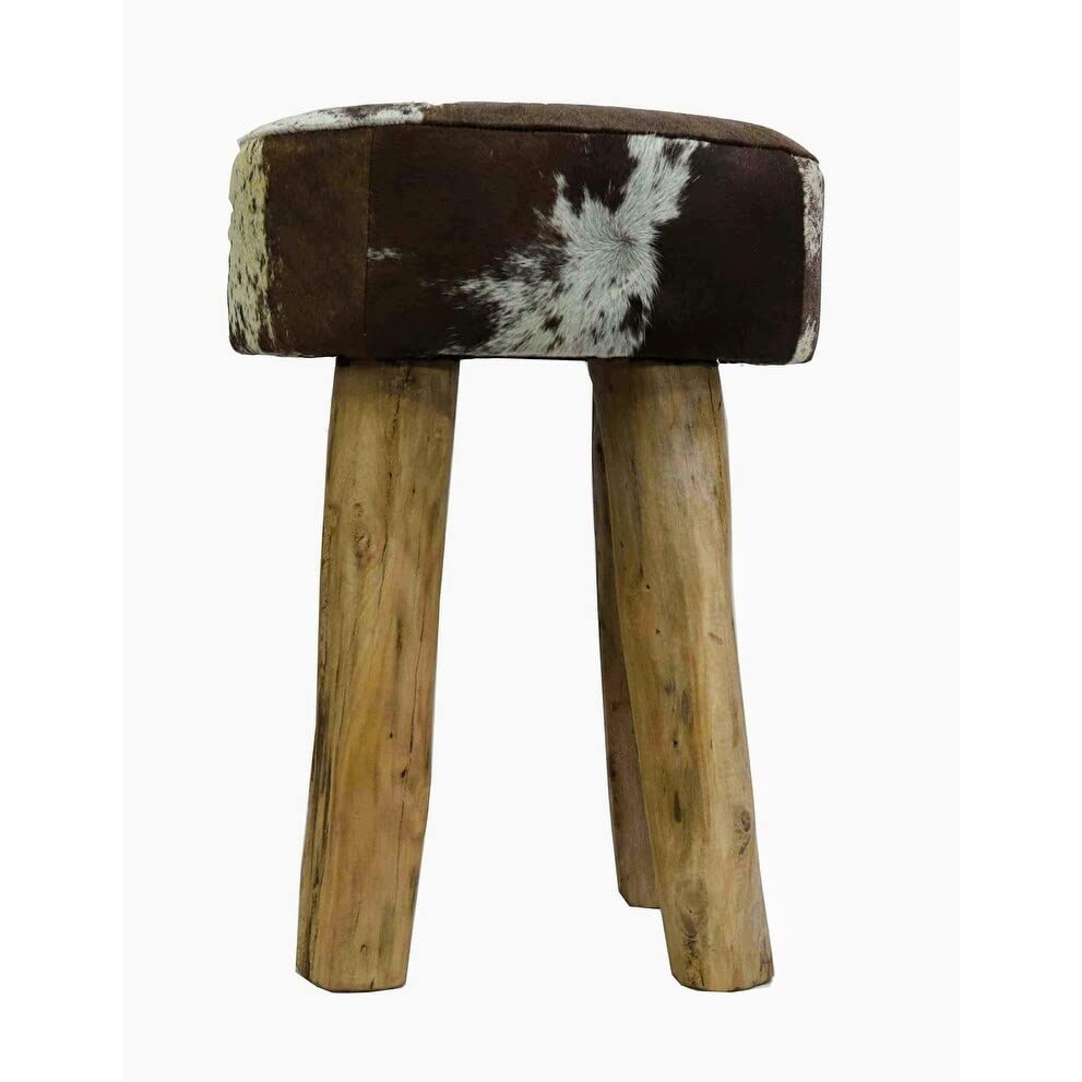 Round Stool in Brown White w Hide with Wood Legs Multi lor Rustic Pattern