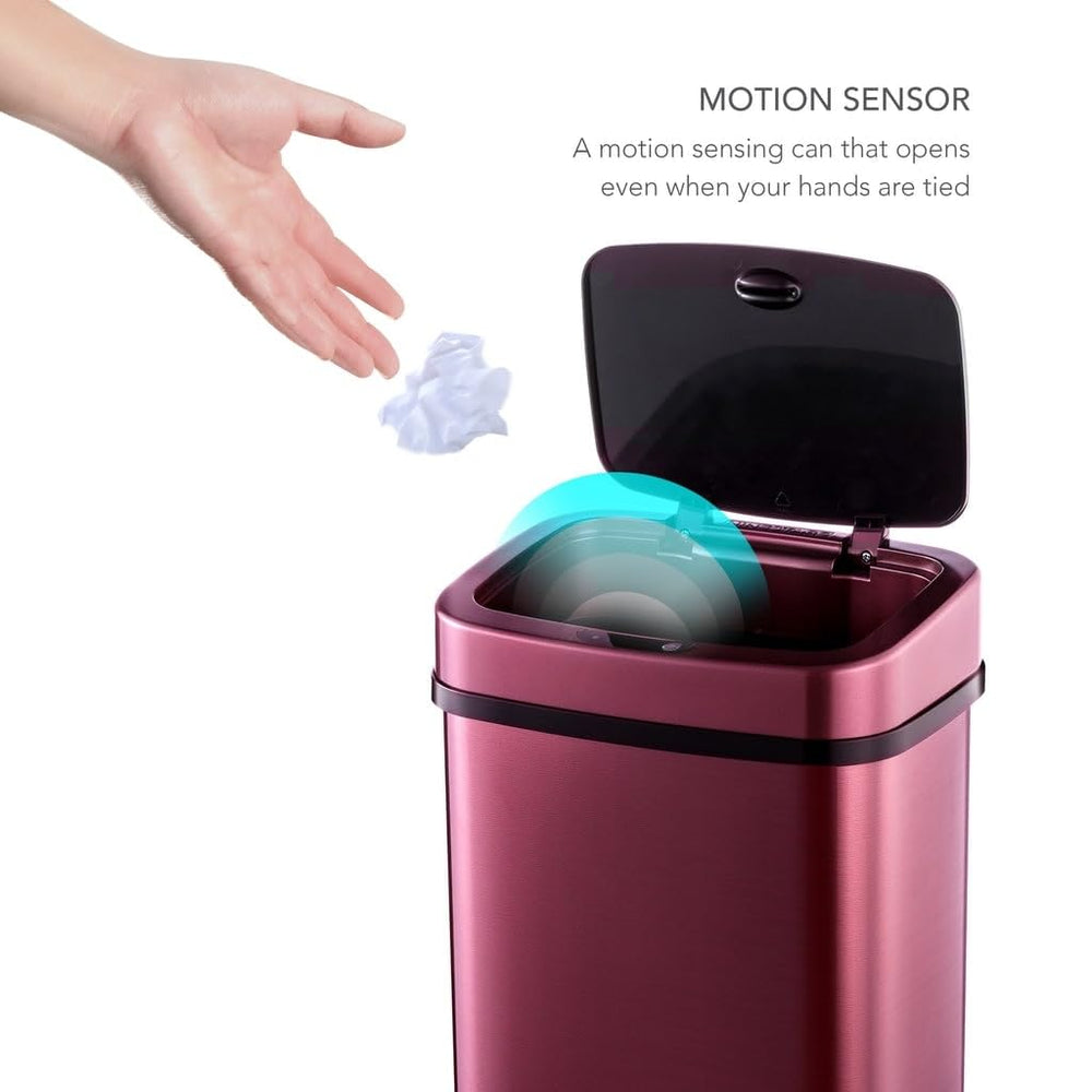 3.2 Gallon Burgundy Rectangular Motion Sensor Trash Can Purple Red Rectangle - Diamond Home USA