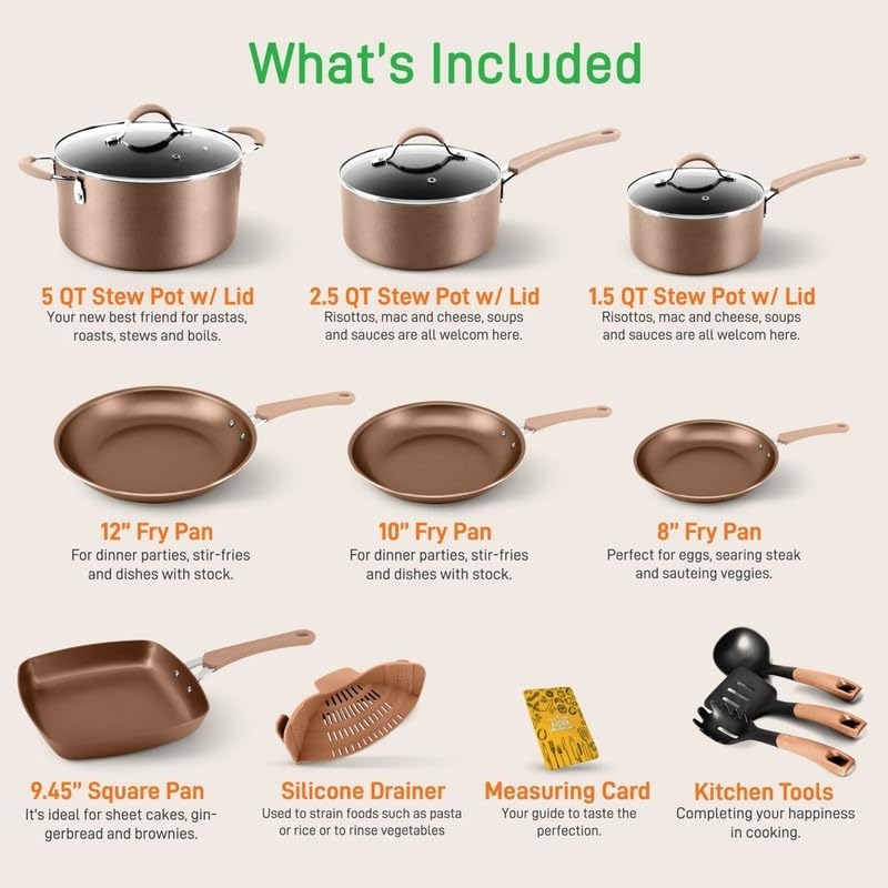 14-Piece Kitchenware Pots and Pans Set Brown 14 Piece Non-Stick Surface - Diamond Home USA