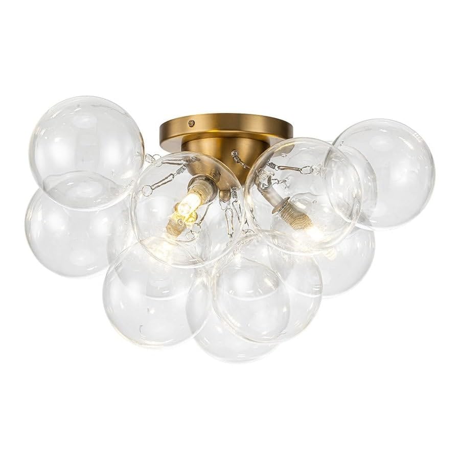 3-Light Clear Glass Globe Bubble Semi Flush Chandelier Brass 18in Gold - Diamond Home USA