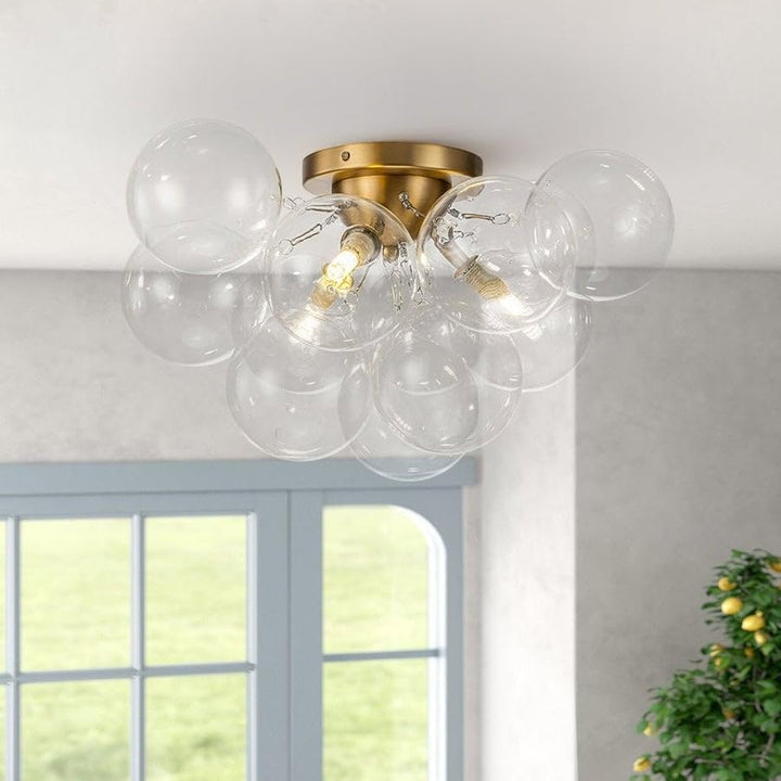 3-Light Clear Glass Globe Bubble Semi Flush Chandelier Brass 18in Gold Brass 18in - Brass