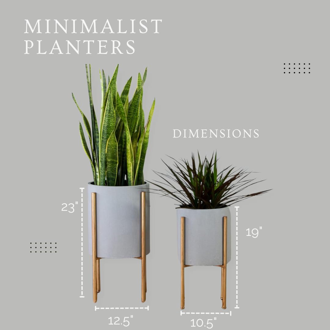 Aspire Mid-Century Modern Planter Set of 2 Gray Indoor Plant Pots with Golden