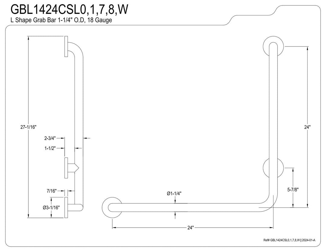 Kingston Brass GBL1424CSL8 24"x 24" L-Shaped Grab Bar - Left Hand Brushed Nickel