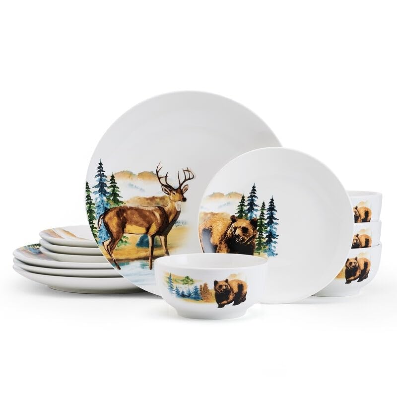 Animals 12pc Dw Set Multi Color Animal Casual Round Porcelain 12 Piece