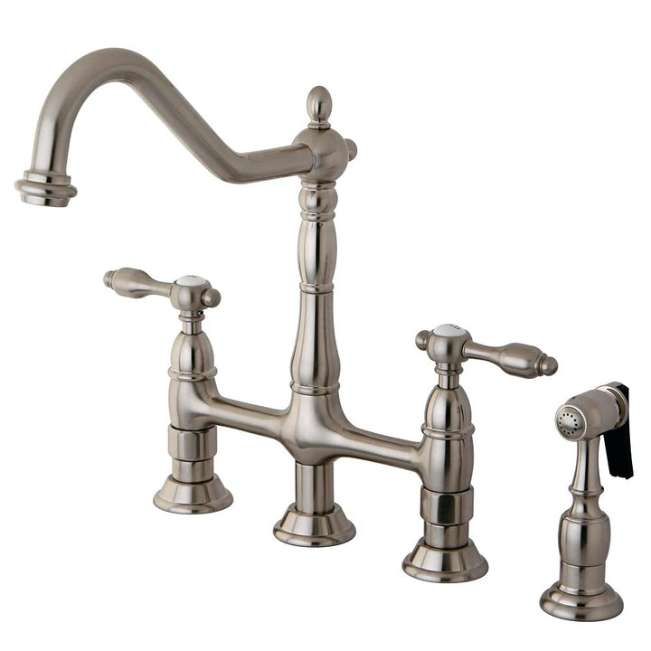 Kingston Brass KS1278TALBS Tudor 8 Inch Center Kitchen Faucet With Brass Sprayer Brushed Nickel