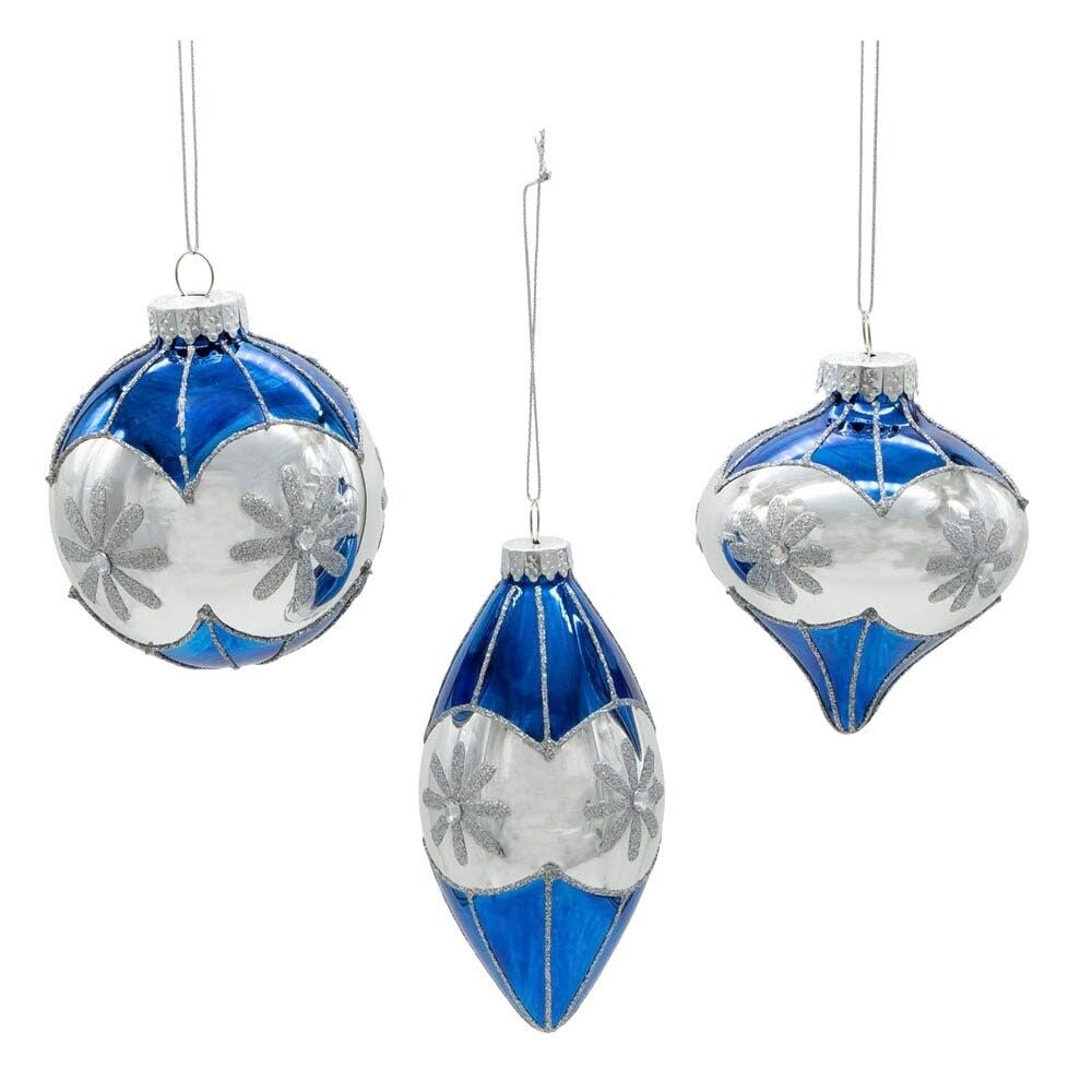 80mm Glass Blue Snowflake Ball Onion and Teardrop Shaped Ornaments 3-Piece Set - Diamond Home USA