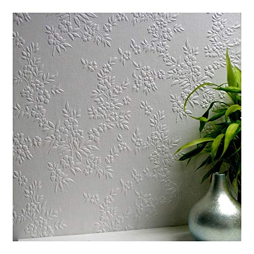 Paintable Original Wallpaper 20.5 X White Floral Traditional Wildlife Vinyl 20.5 x 396 x 0.025