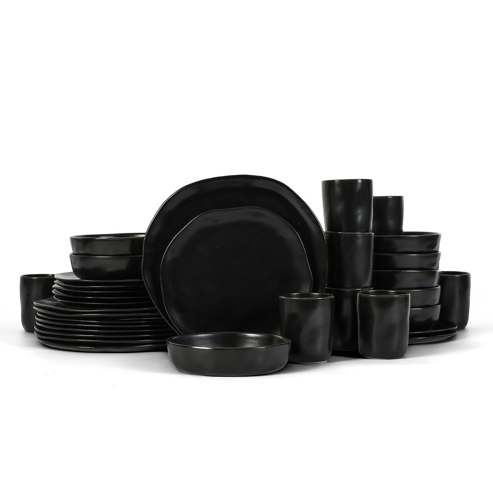 Stone by Mercer Project HEKONDA Modern Stonewre 32-Piece Dinnerwre Set Plte Black - 32 Piece