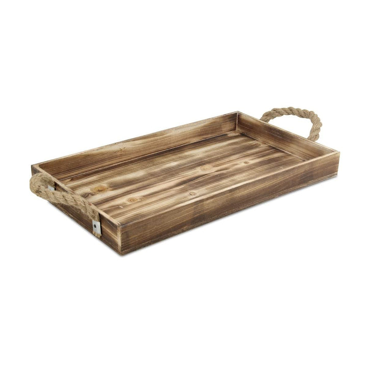 Wooden Rectangular Tray with Rope Side Handles Brown Modern Contemporary Wood