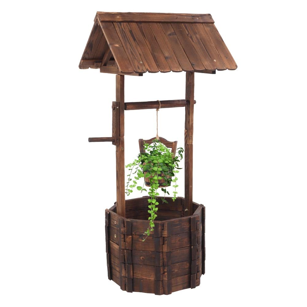 Outdoor Decoration Wooden Wishing Well Flowerpot Brown Modern Contemporary Round 22*45