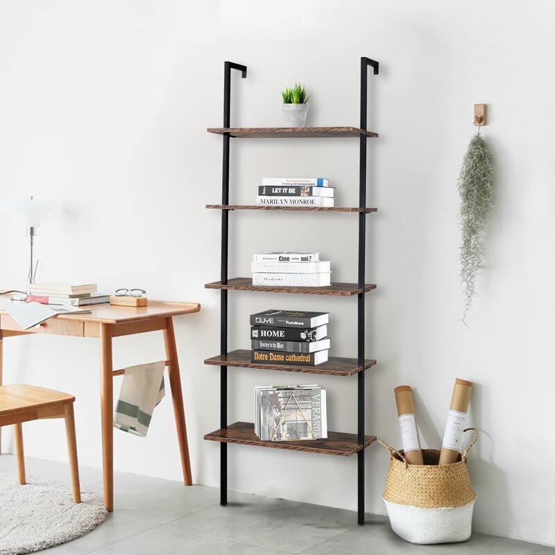 Wall Mounted Bookcase 5-Tier Open Ladder Shelf Bookshelf Brown Modern