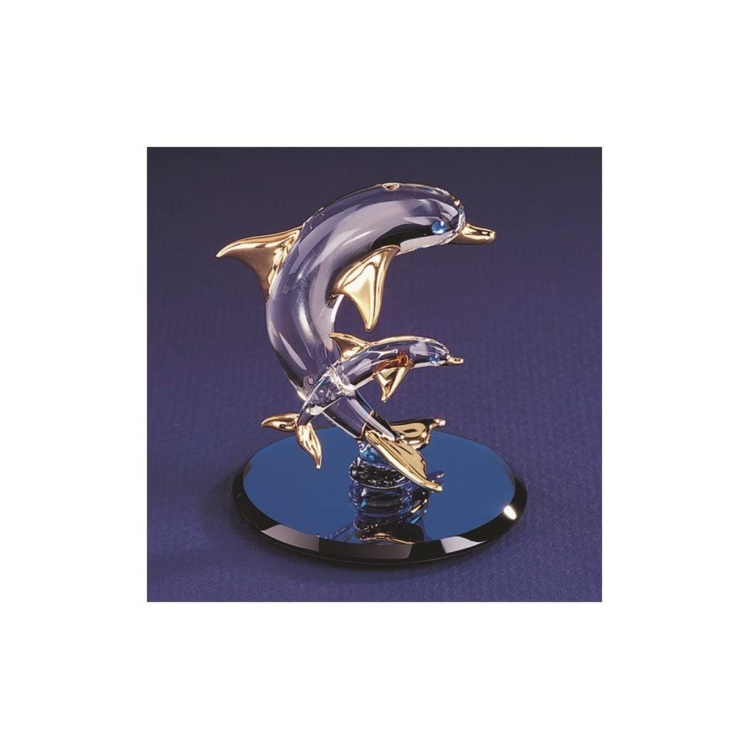 Dolphin and Baby Handcrafted Glass Figurine with 22k Gold Trim Clear