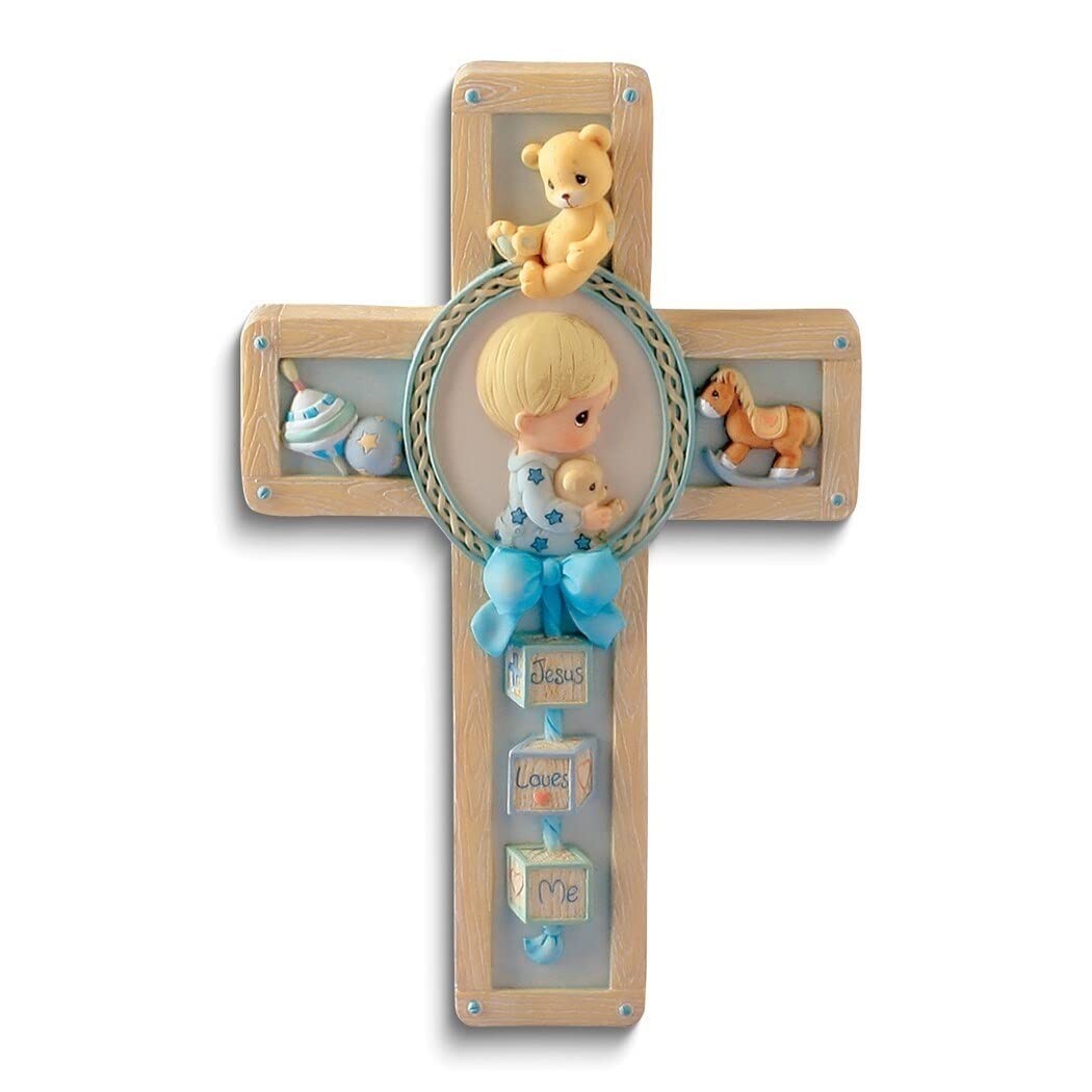 Precious Moments Blue Praying Boy Resin Cross Plaque Traditional Cherry Finish