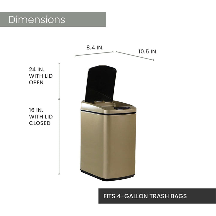 12-Liter / 3.2-Gallon Trash Can with Sensor Lid in Gold Rectangle Stainless - Diamond Home USA