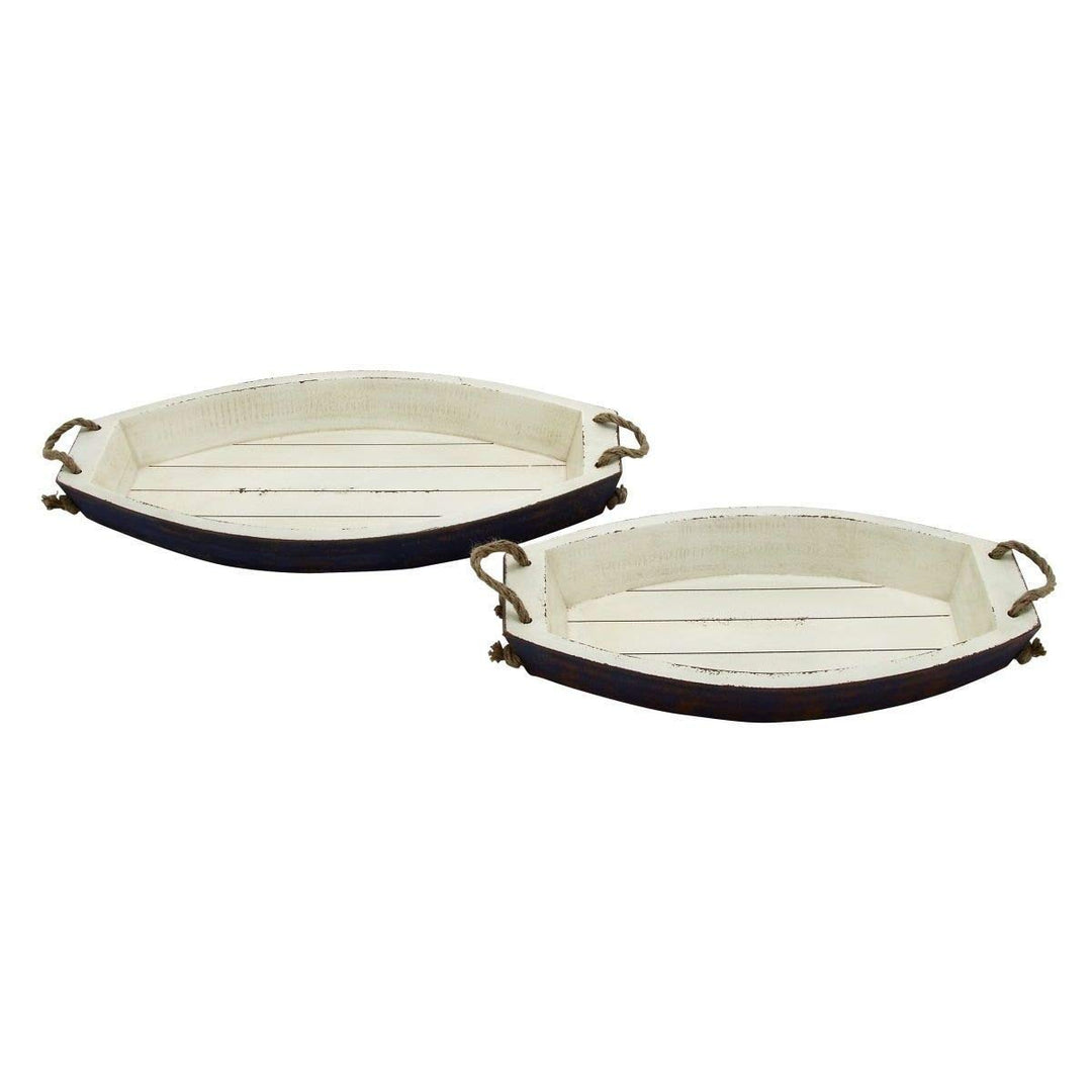 Set of 2 Rope and Wood Serving Trays Brown Coastal Nautical 1 Piece