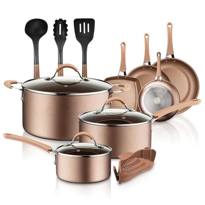 14-Piece Kitchenware Pots and Pans Set Brown 14 Piece Non-Stick Surface