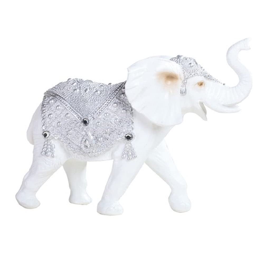 5.25" w Silver and White Thai Elephant with Trunk Up Statue Decoration Religious