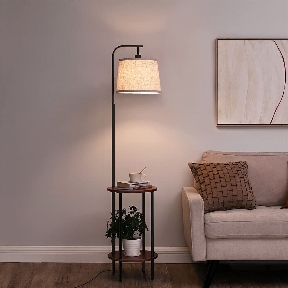 Modern Floor Lamp with Table Bedside Standing Shelves 1 Black Contemporary