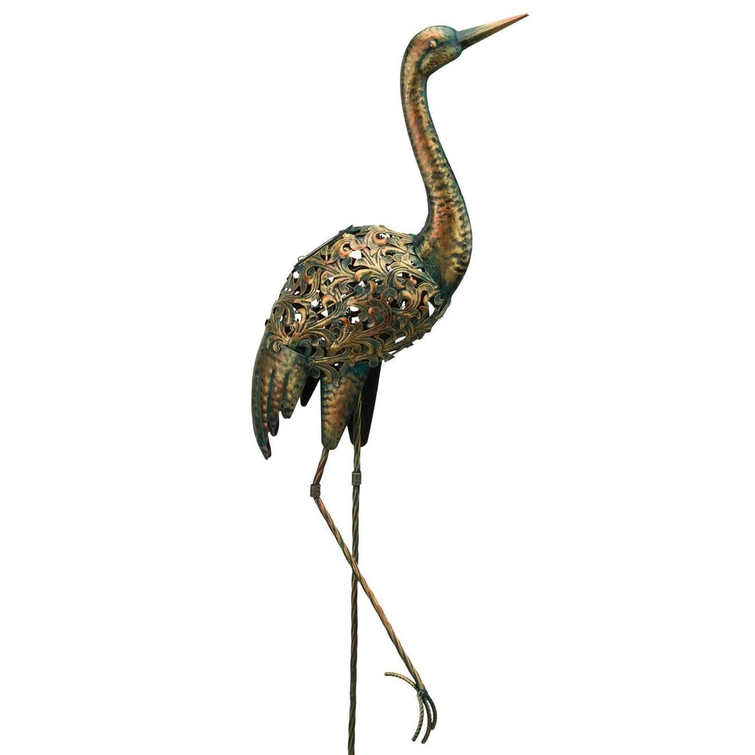 Solar Bird Stake Crane 11.5"x4.5"x44" Natural Metal