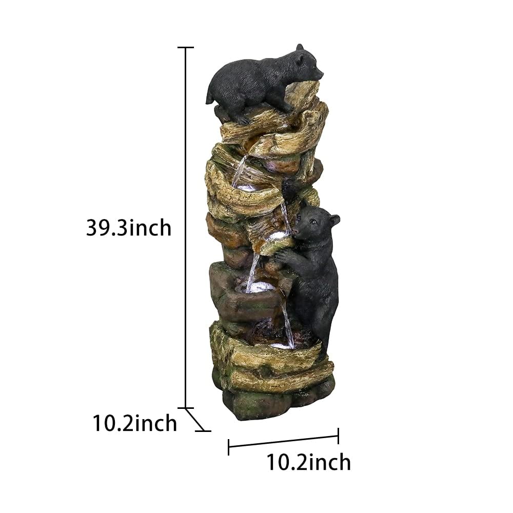 39.3in Tall Outdoor Water Fountain Resin Bear Patio Waterfall Grey Modern - Diamond Home USA