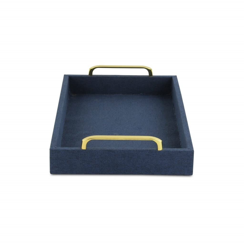 Navy Blue Linen and Wooden Tray 18 W X 14 D 7 H Rectangle Wood Medium