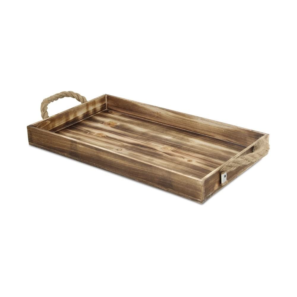 Wooden Rectangular Tray with Rope Side Handles Brown Modern Contemporary Wood