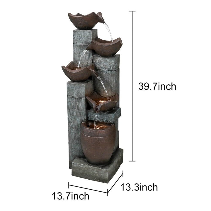 5-tier Outdoor Water Fountains W/led Lights Resin Fountain for Garden Grey - Diamond Home USA