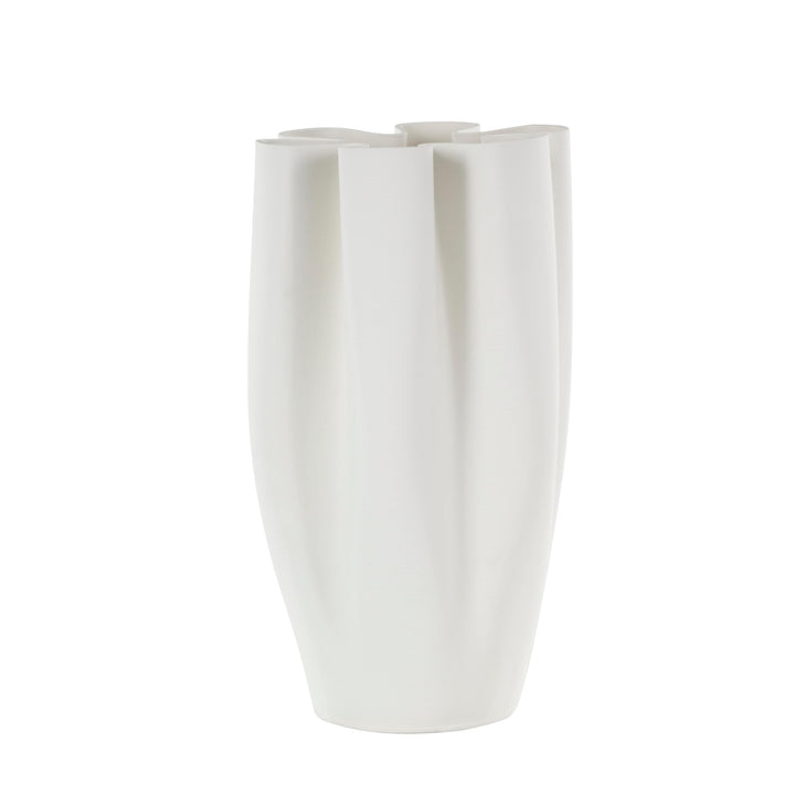 White Ceramic Ribbed Dimensional Folded Abstract Decorative Vase with Floral