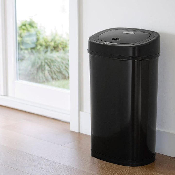 Oval Motion Sensor Trash Can 13.2 Gallon Black Stainless Steel Plastic