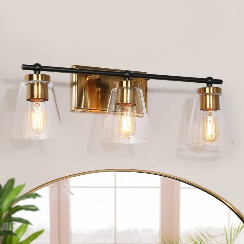 Modern 3-Light Black Gold Bathroom Vanity Lights Clear Glass Wall Sconce 22" L X