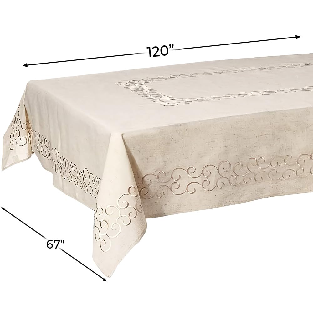 Embroidered Swirl Design Linen Blend Tablecloth