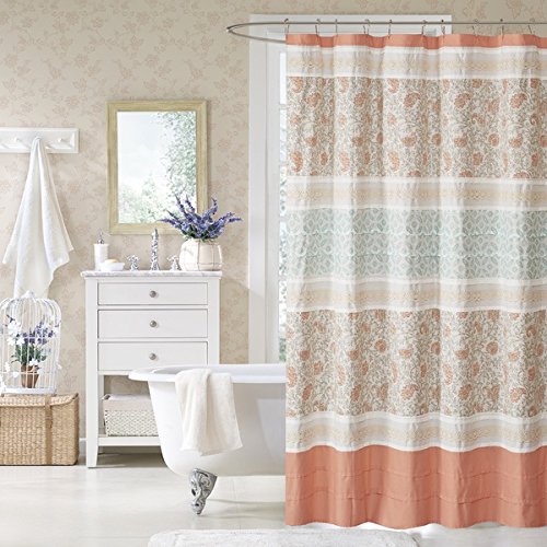 1 Piece Coral Orange Tan Brown Graphical Nature Themed Shower Curtain Cotton - Diamond Home USA