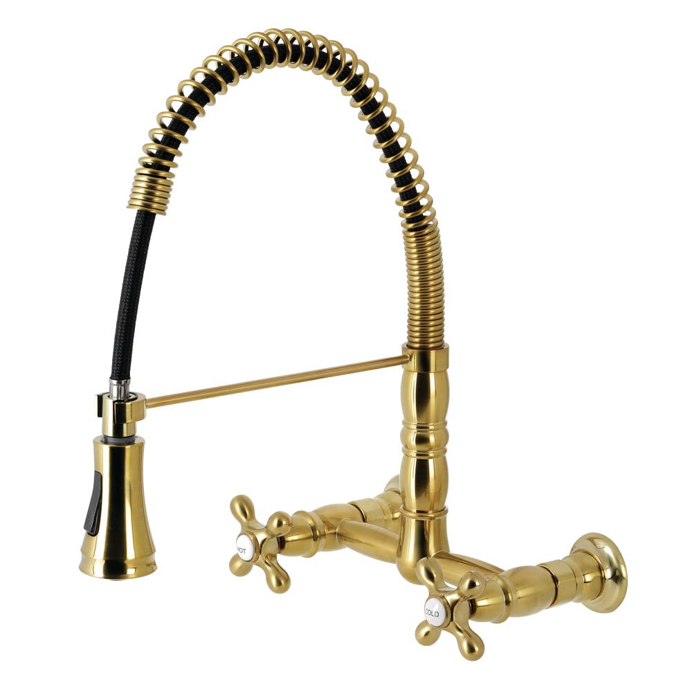 Kingston Brass GS1247AX Heritage Pull-Down Sprayer Kitchen Faucet Brushed Brass