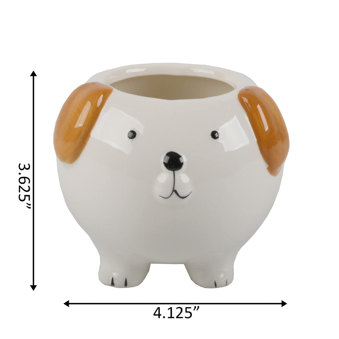 4" Brown Dog Ceramic Empty Planter White Classic Handmade