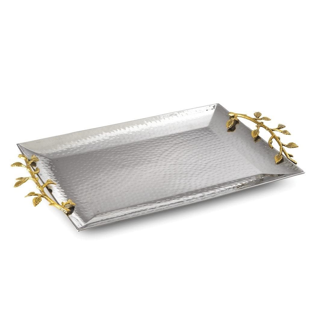 Hammered Stainless Steel with Golden Vine Handles Rectangular Tray Gold