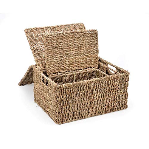 Set Of 3 Rectangular Seagrass Baskets With Lids Beige